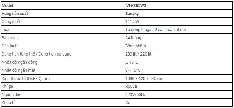 Tủ đông 2 ngăn đông - mát Sanaky 280 lít VH-285W2