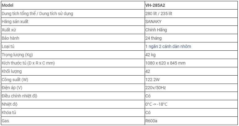 Tủ đông Sanaky 280 lít 1 ngăn đông VH-285A2