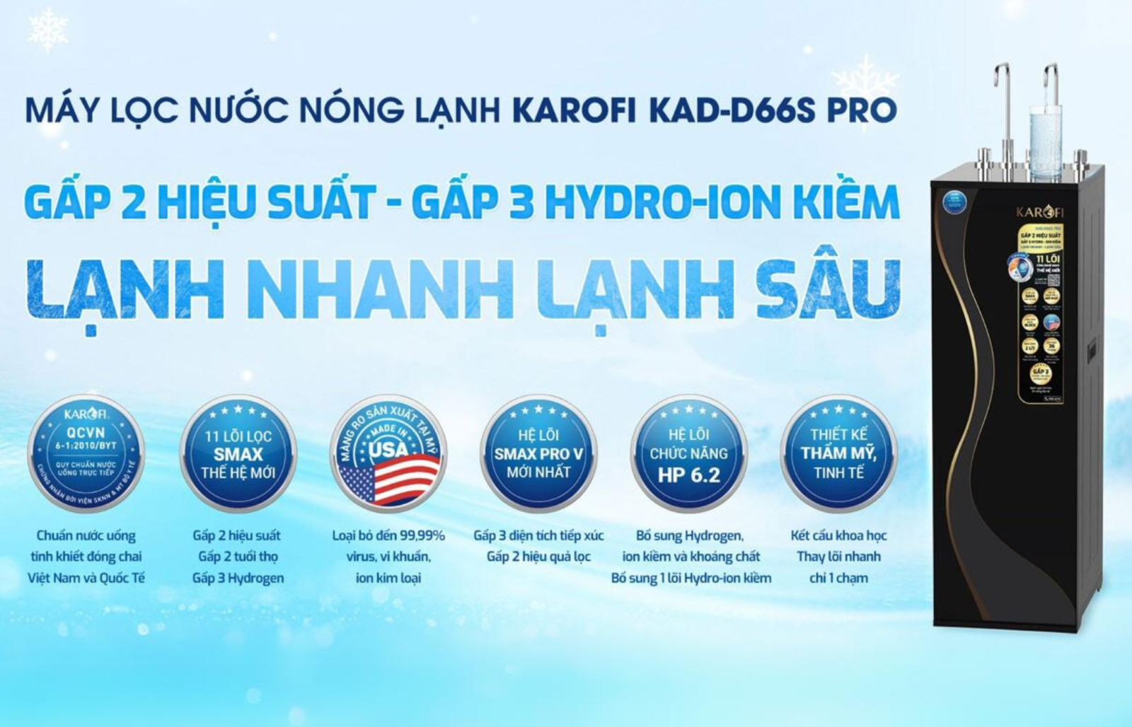 Máy lọc nước nóng lạnh Karofi KAD-D66S PRO gấp 2 hiệu suất - gấp 3 hydro - ion kiềm - lạnh nhanh lạnh sâu