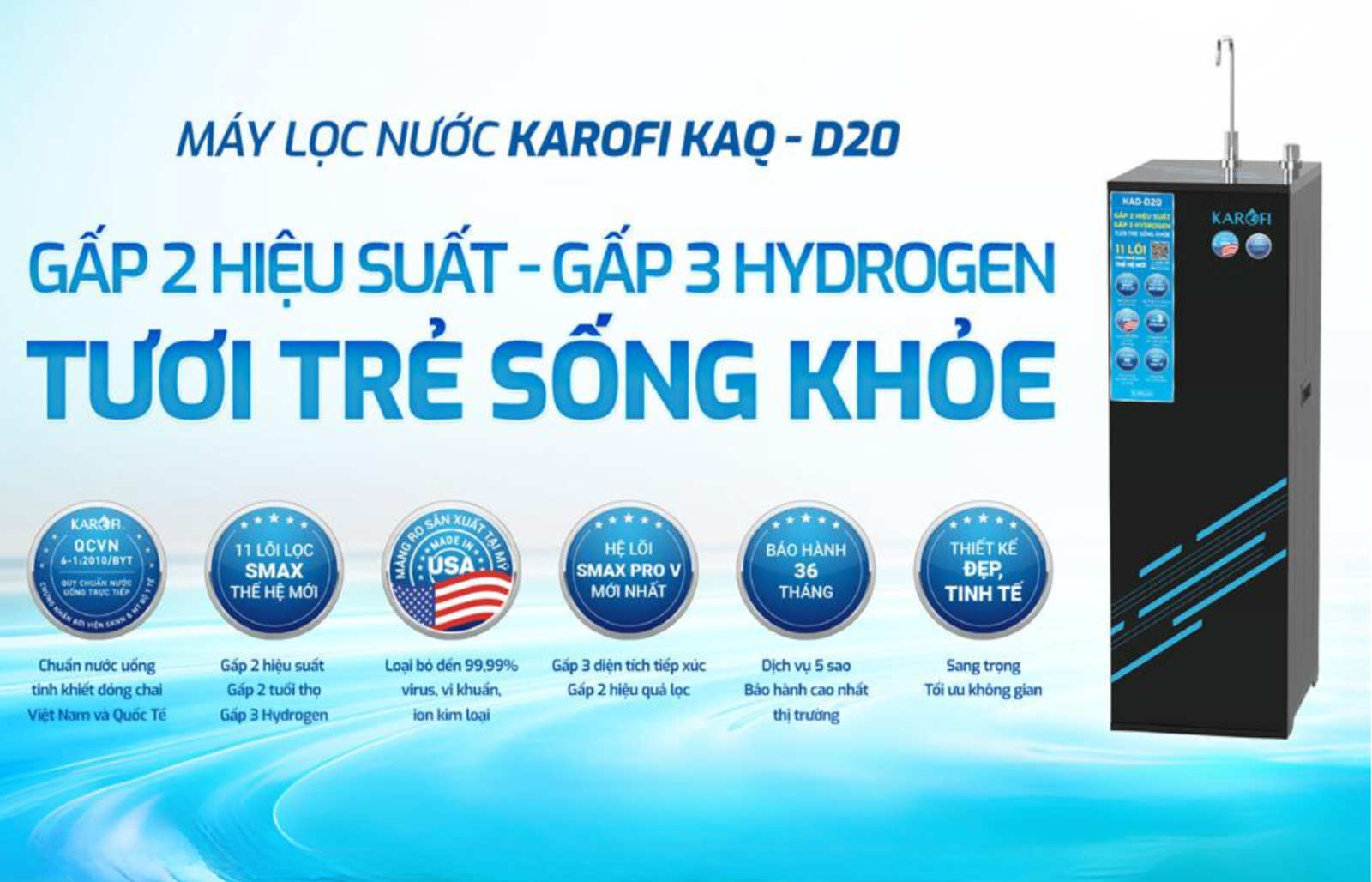 Máy lọc nước Karofi KAQ-D20: gấp 2 hiệu suất - gấp 3 hydrogen - tươi trẻ sống khỏe