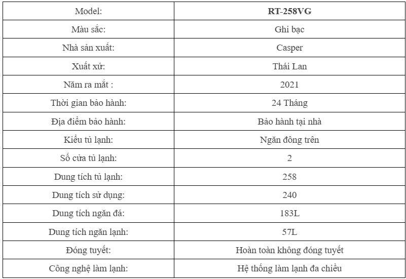 Tủ lạnh Casper Inverter 258 lít RT-258VG