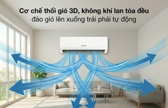 Cơ chế thổi gió 3D - Đảo gió lên xuống trái phải tự động giúp hướng gió linh hoạt